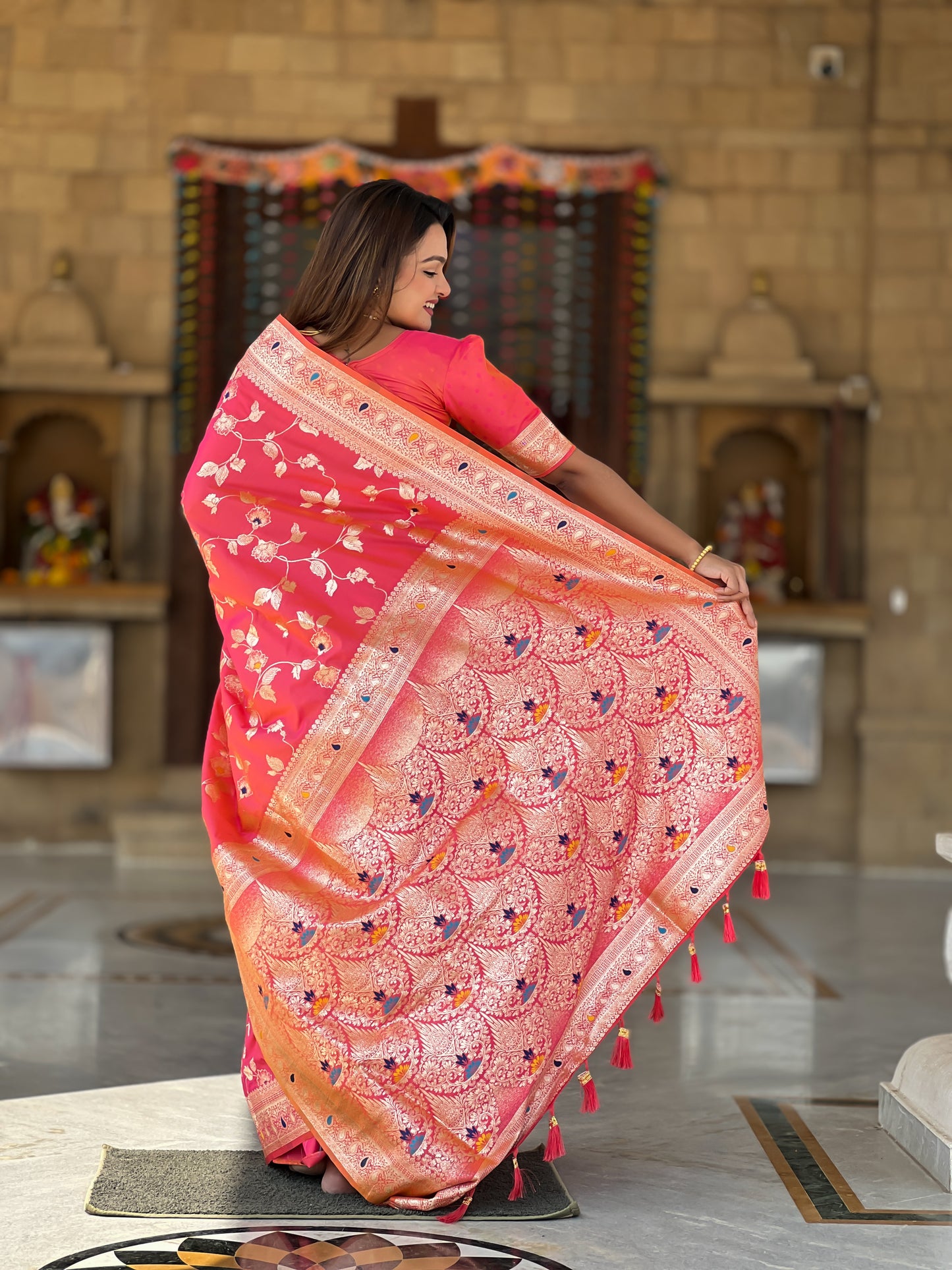 Peach Pink Banarasi Silk Saree with Intricate Zari Work