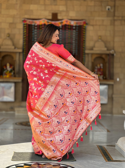 Peach Pink Banarasi Silk Saree with Intricate Zari Work