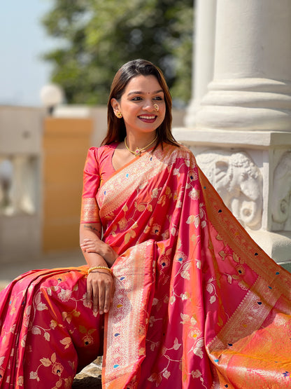 Peach Pink Banarasi Silk Saree with Intricate Zari Work