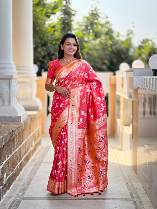 Peach Pink Banarasi Silk Saree with Intricate Zari Work