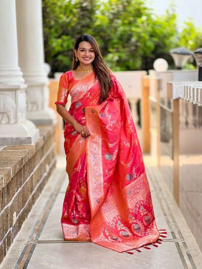Gajari Pink Banarasi Silk Saree with Intricate Zari Work