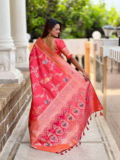 Gajari Pink Banarasi Silk Saree with Intricate Zari Work