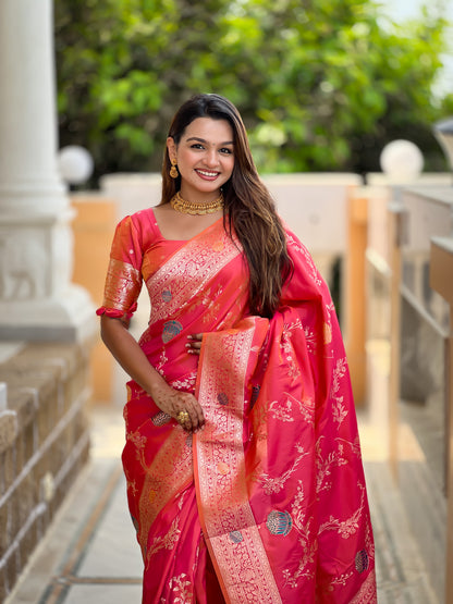 Gajari Pink Banarasi Silk Saree with Intricate Zari Work