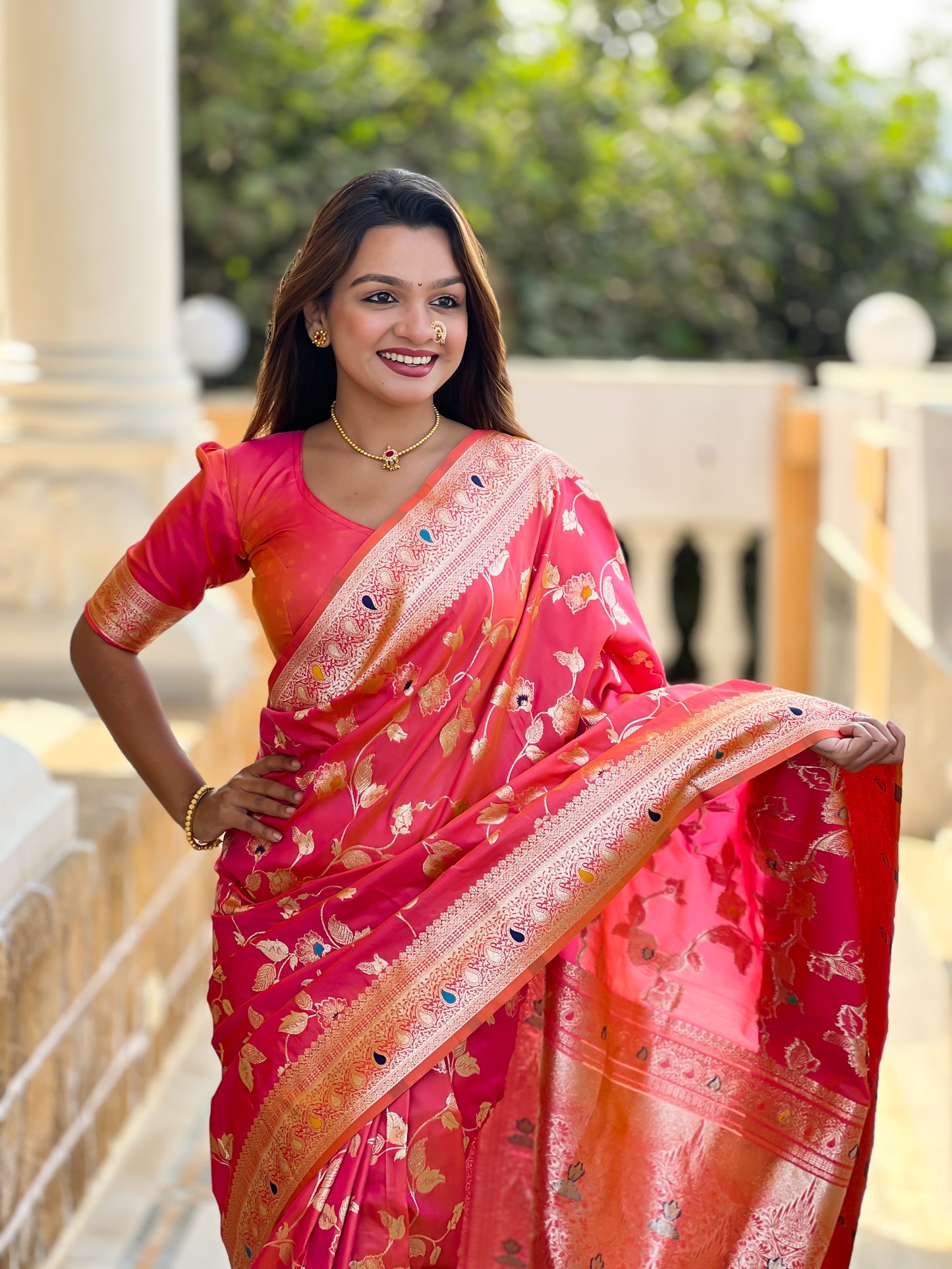 Peach Pink Banarasi Silk Saree with Intricate Zari Work