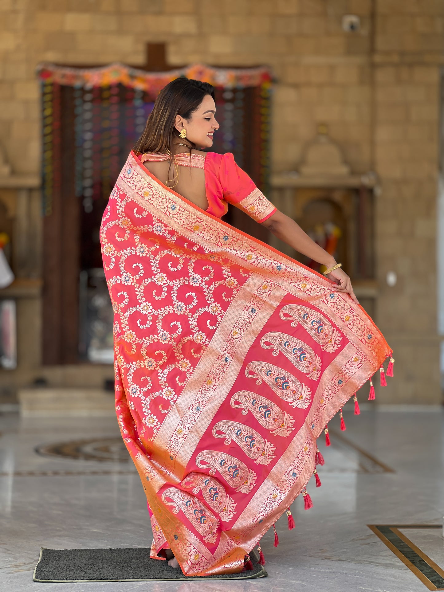 Gajari Pink Banarasi Soft Silk Saree