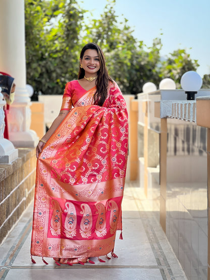 Gajari Pink Banarasi Soft Silk Saree