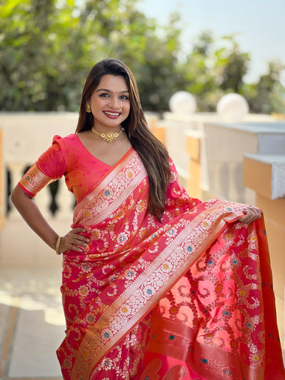 Gajari Pink Banarasi Soft Silk Saree