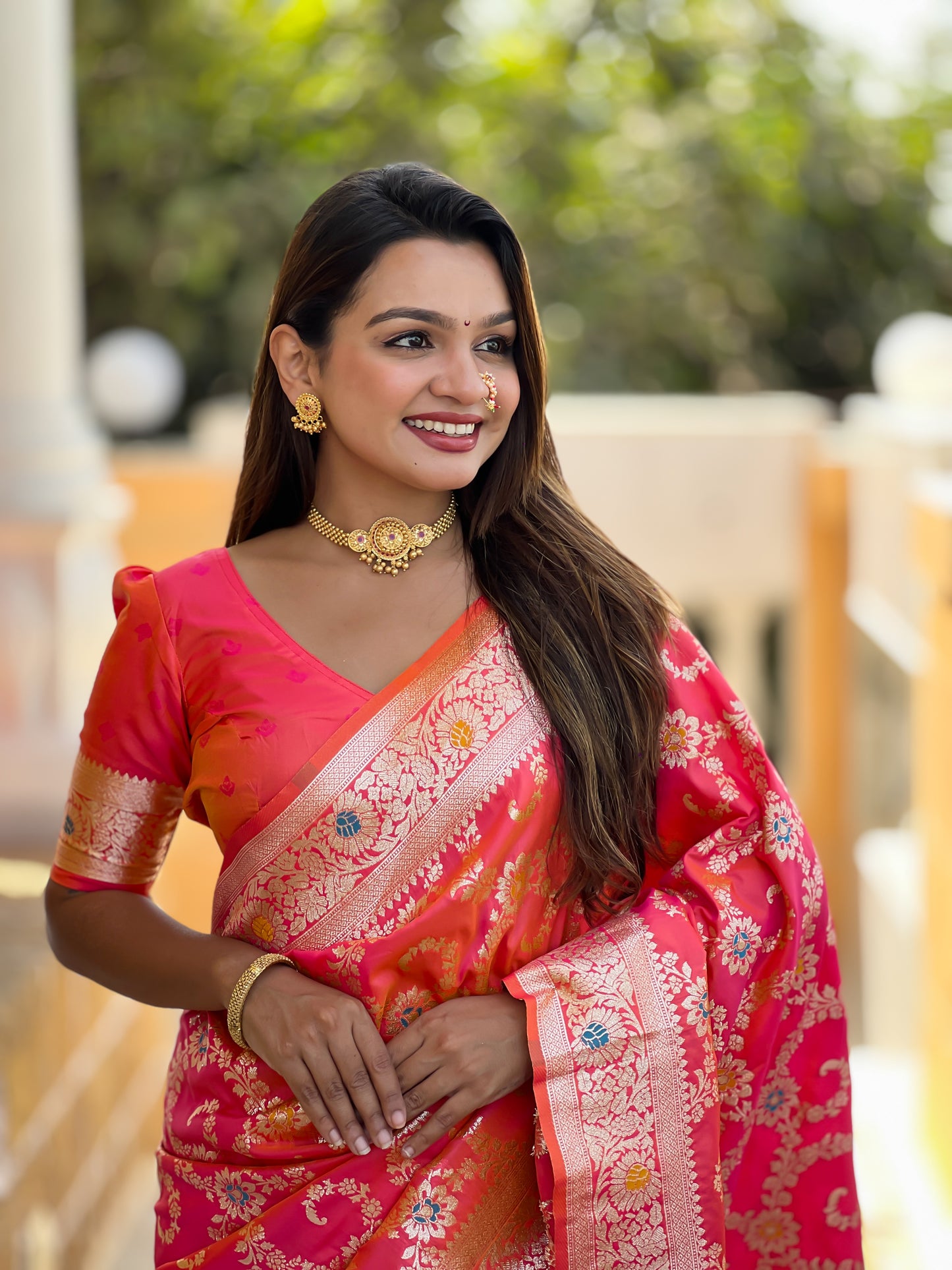 Gajari Pink Banarasi Soft Silk Saree