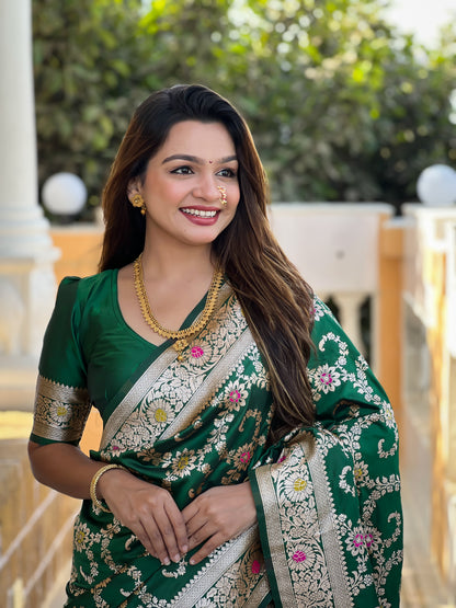 Bottle Green Banarasi Soft Silk Saree