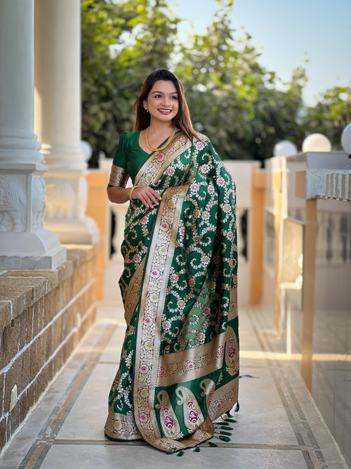 Bottle Green Banarasi Soft Silk Saree