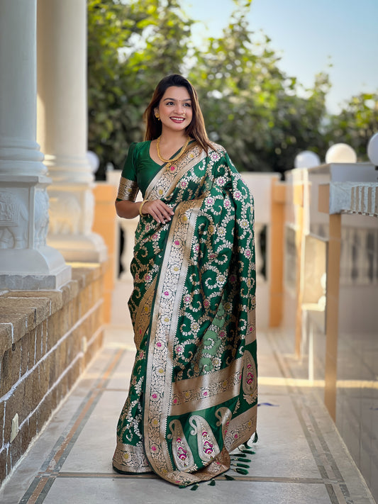 Bottle Green Banarasi Soft Silk Saree