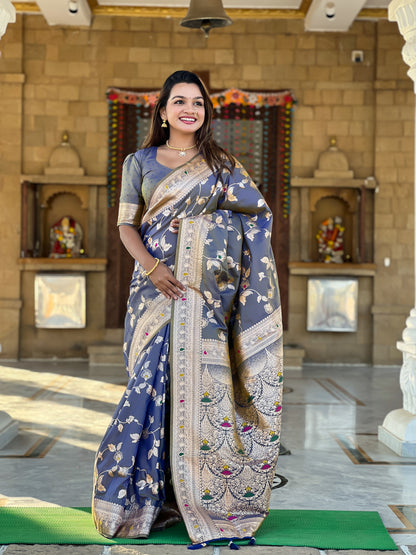 Grey Banarasi Silk Saree with Intricate Zari Work