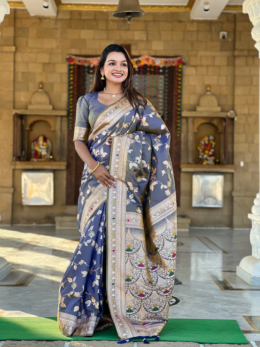 Grey Banarasi Silk Saree with Intricate Zari Work