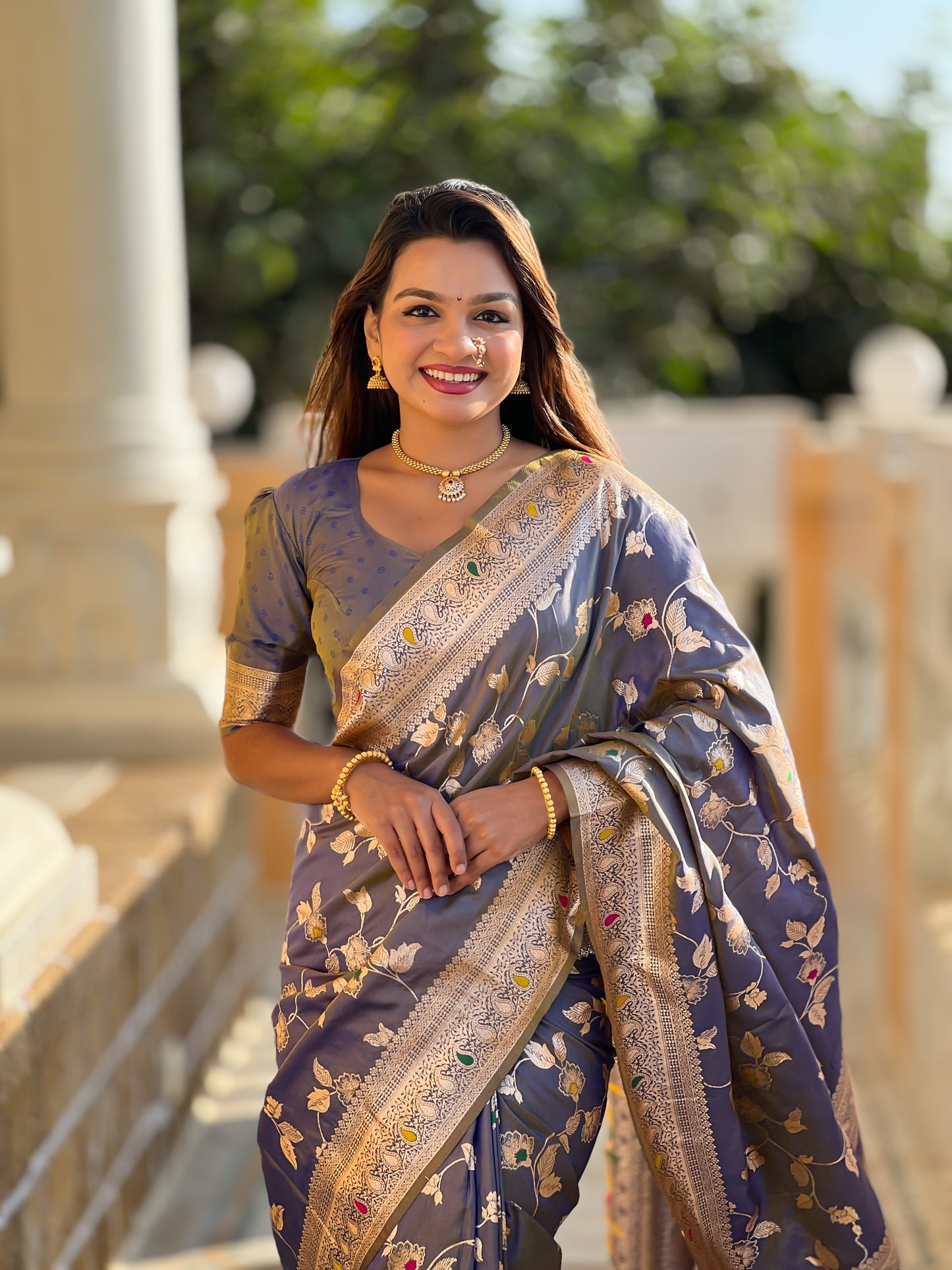 Grey Banarasi Silk Saree with Intricate Zari Work