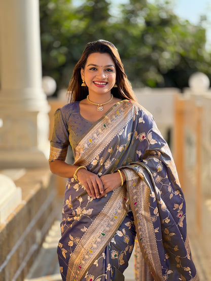 Grey Banarasi Silk Saree with Intricate Zari Work