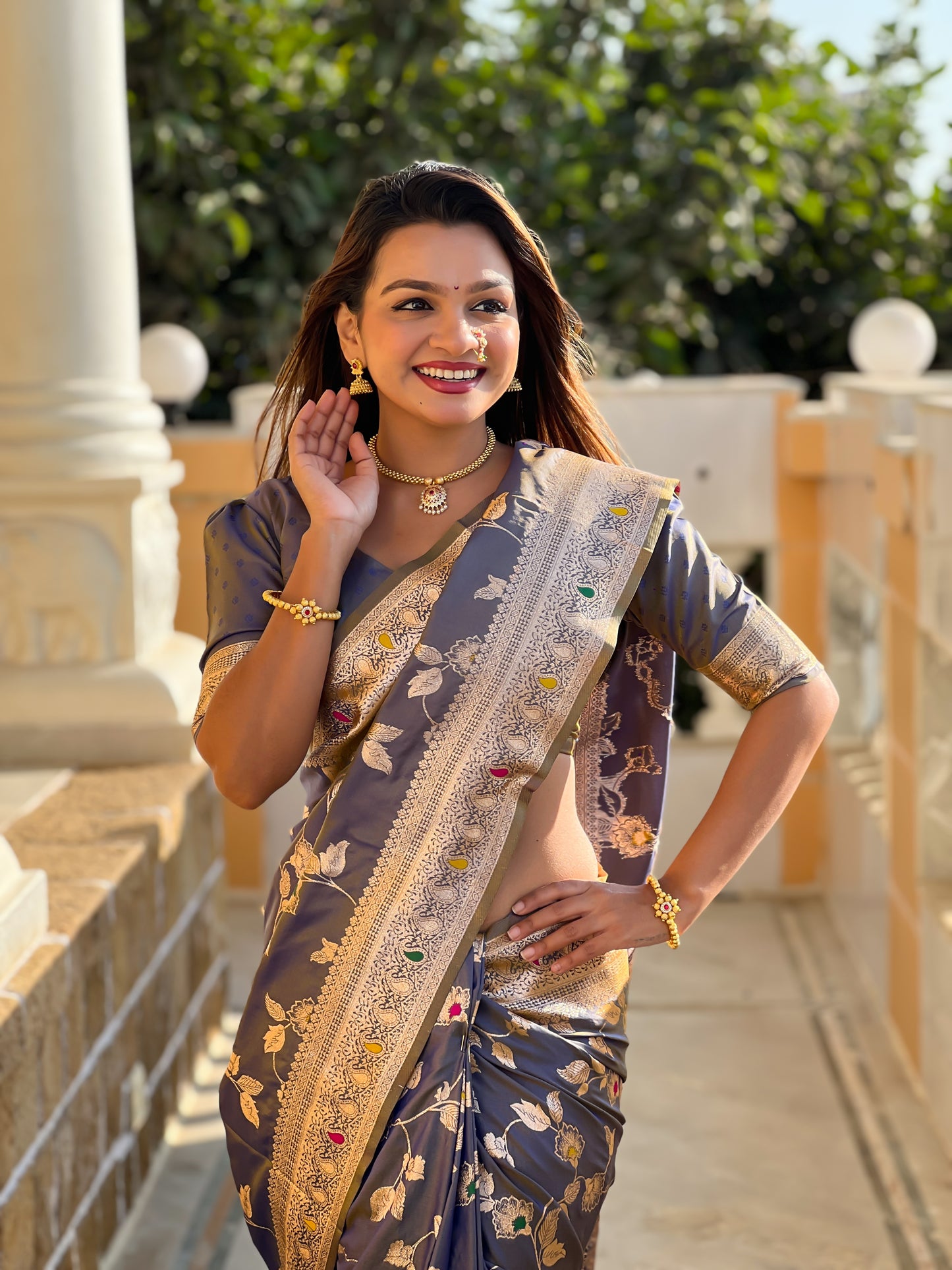 Grey Banarasi Silk Saree with Intricate Zari Work