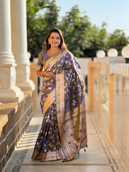 Grey Banarasi Silk Saree with Intricate Zari Work