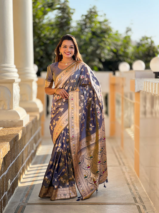 Grey Banarasi Silk Saree with Intricate Zari Work