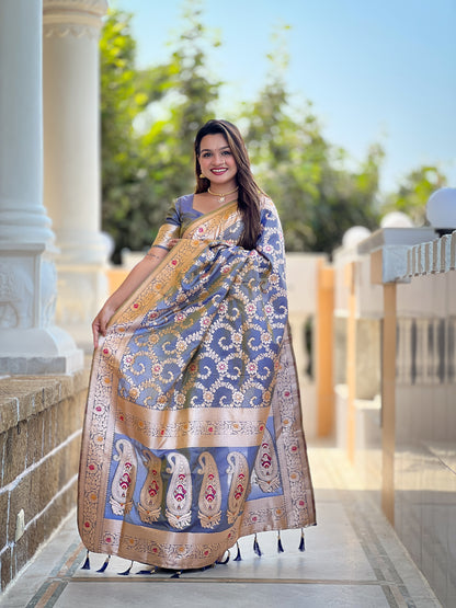 Grey Banarasi Soft Silk Saree