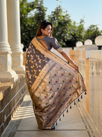 Grey Banarasi Silk Saree with Intricate Zari Work