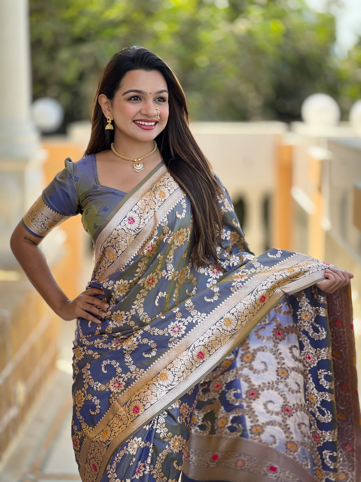 Grey Banarasi Soft Silk Saree