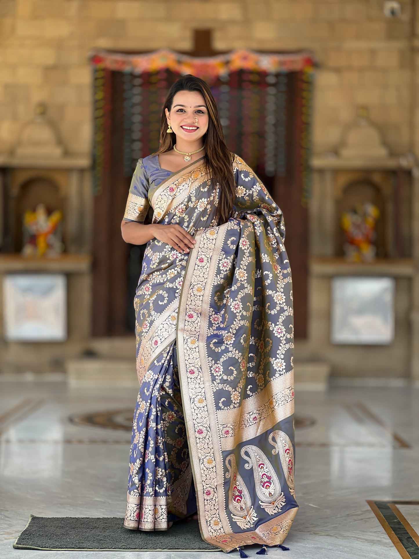Grey Banarasi Soft Silk Saree