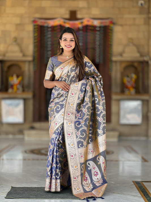 Grey Banarasi Soft Silk Saree