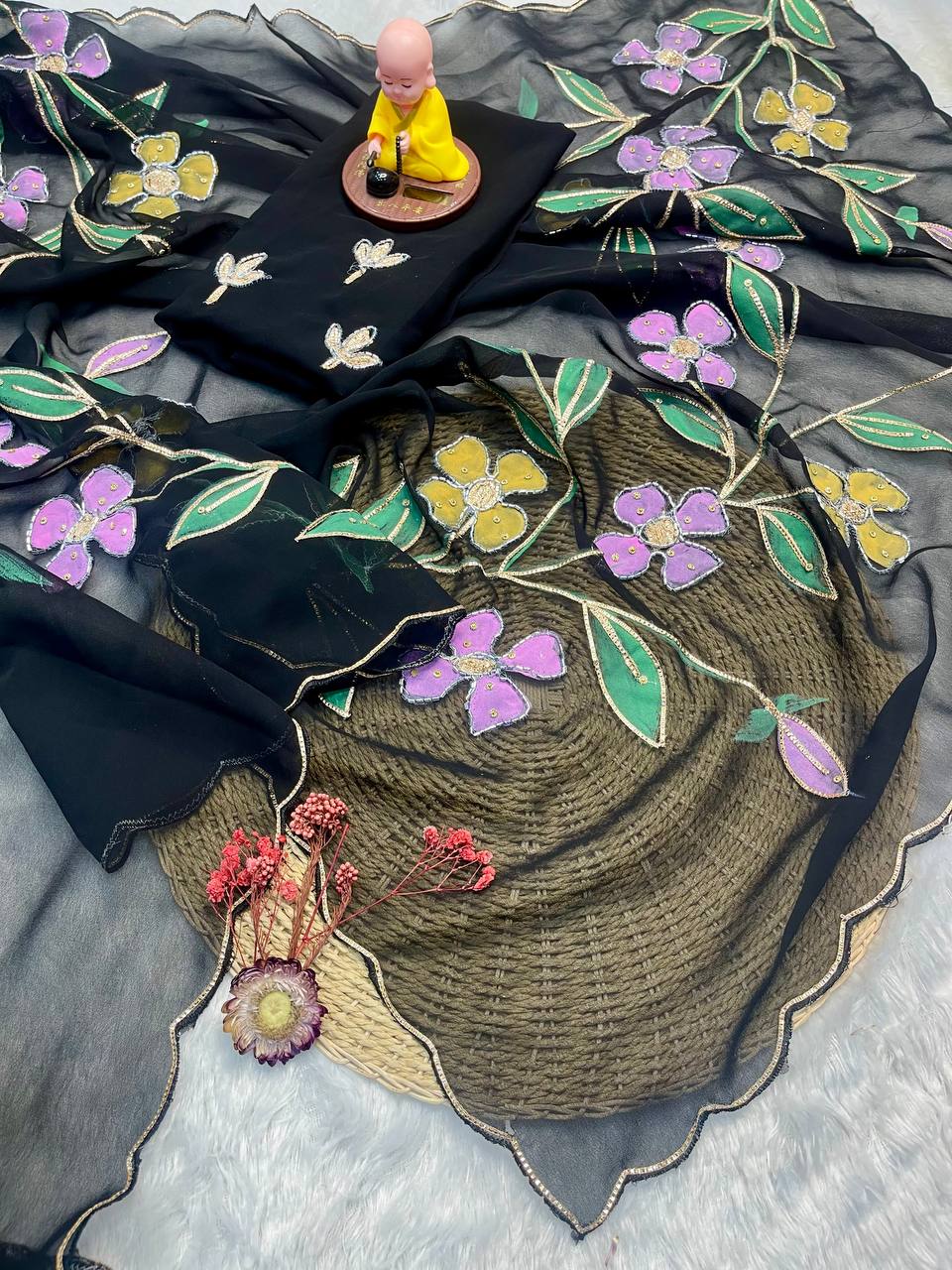 Elegant Black Organza Floral Brush Print Saree