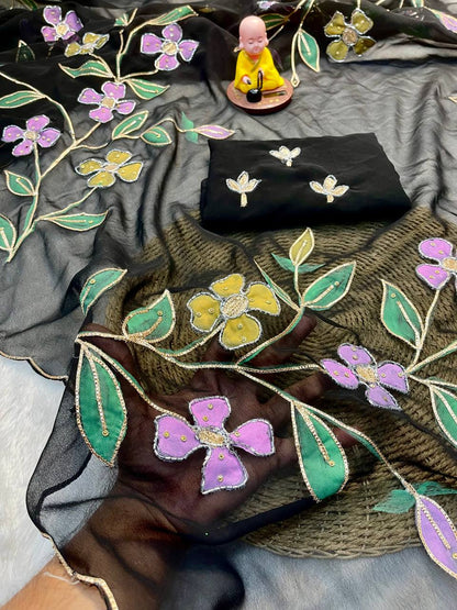 Elegant Black Organza Floral Brush Print Saree