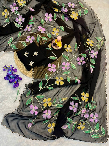 Elegant Black Organza Floral Brush Print Saree