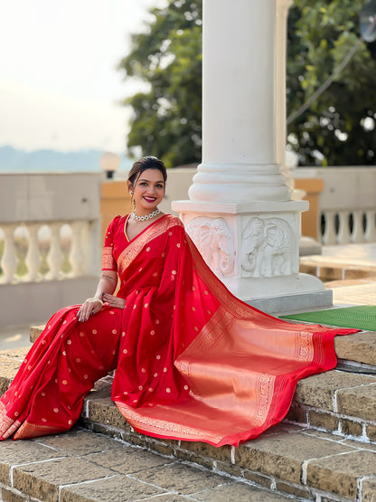 Sonakshi Red Silk Saree with Delicate Gold Zari Embroidery