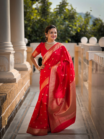 Sonakshi Red Silk Saree with Delicate Gold Zari Embroidery