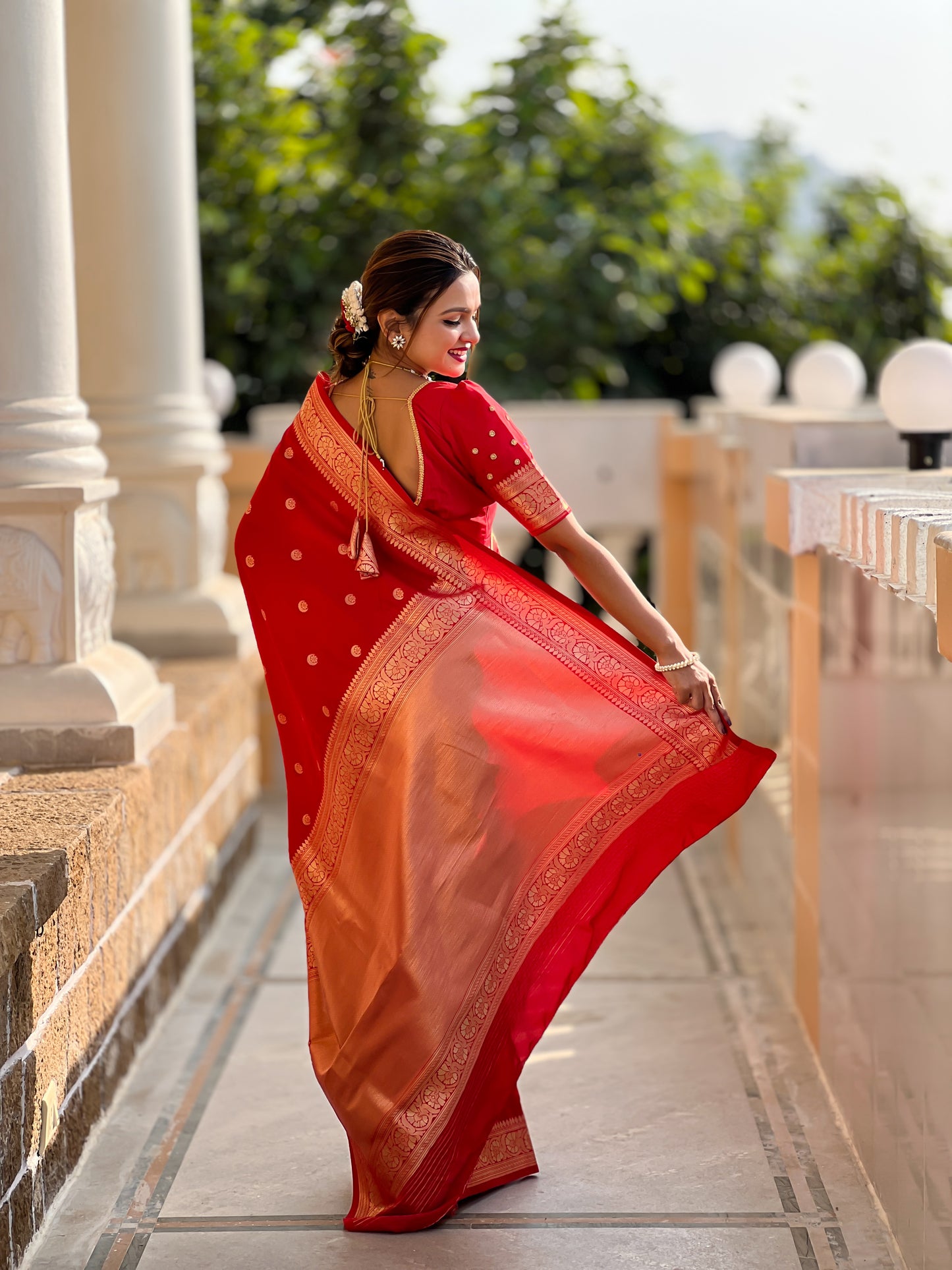 Sonakshi Red Silk Saree with Delicate Gold Zari Embroidery