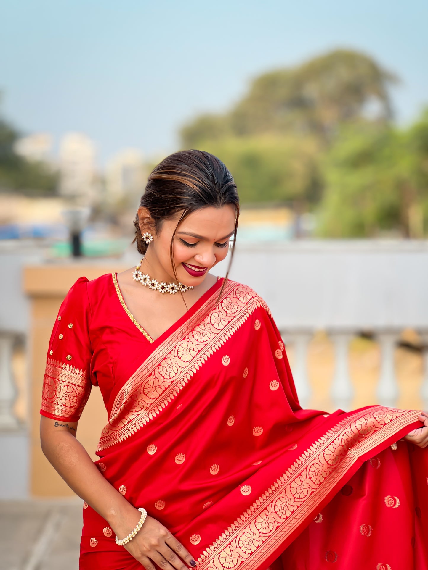 Sonakshi Red Silk Saree with Delicate Gold Zari Embroidery