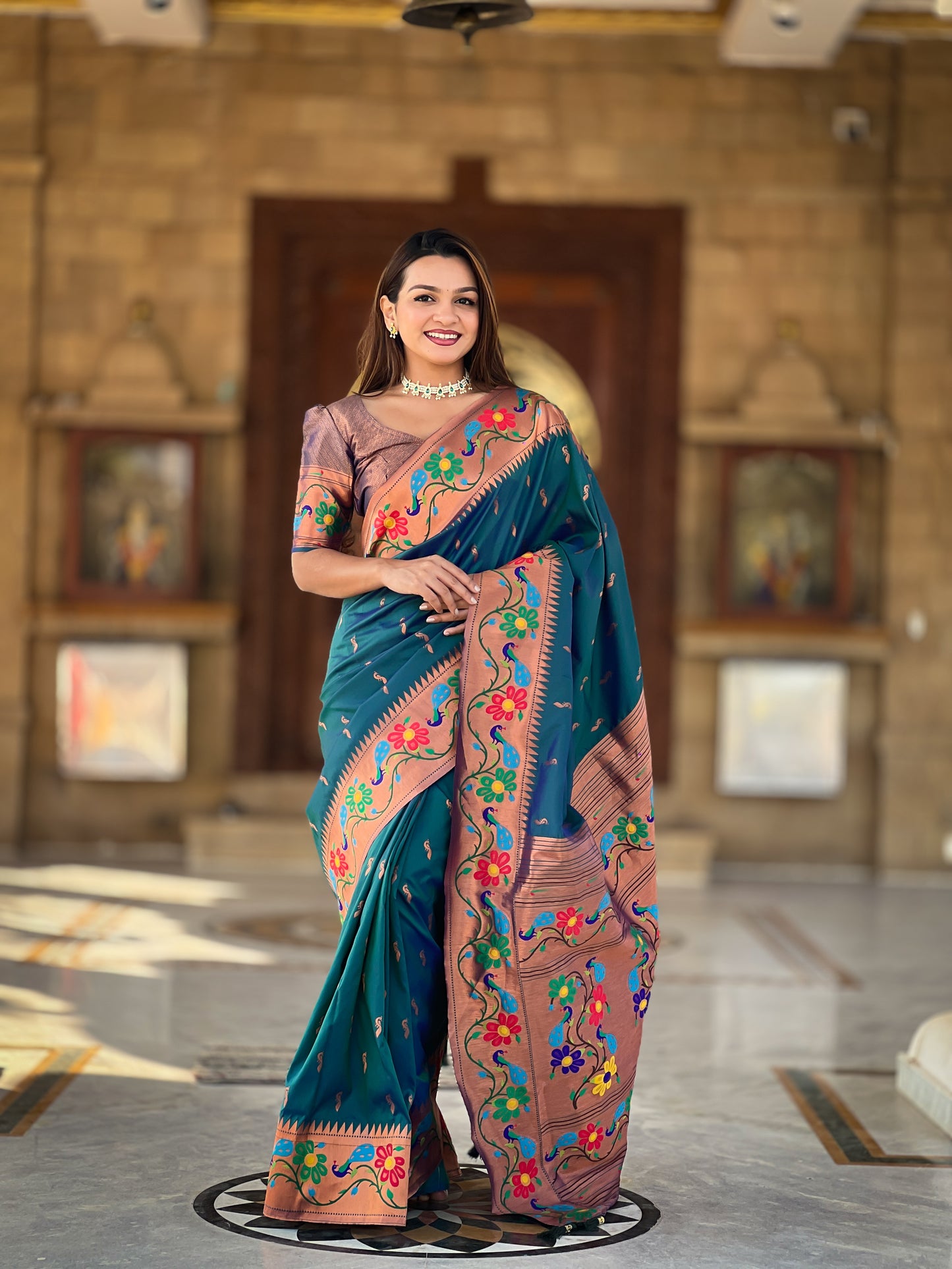 Morpeach Copper Zari Peacock Butta Soft Silk Saree