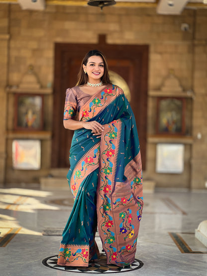 Morpeach Copper Zari Peacock Butta Soft Silk Saree
