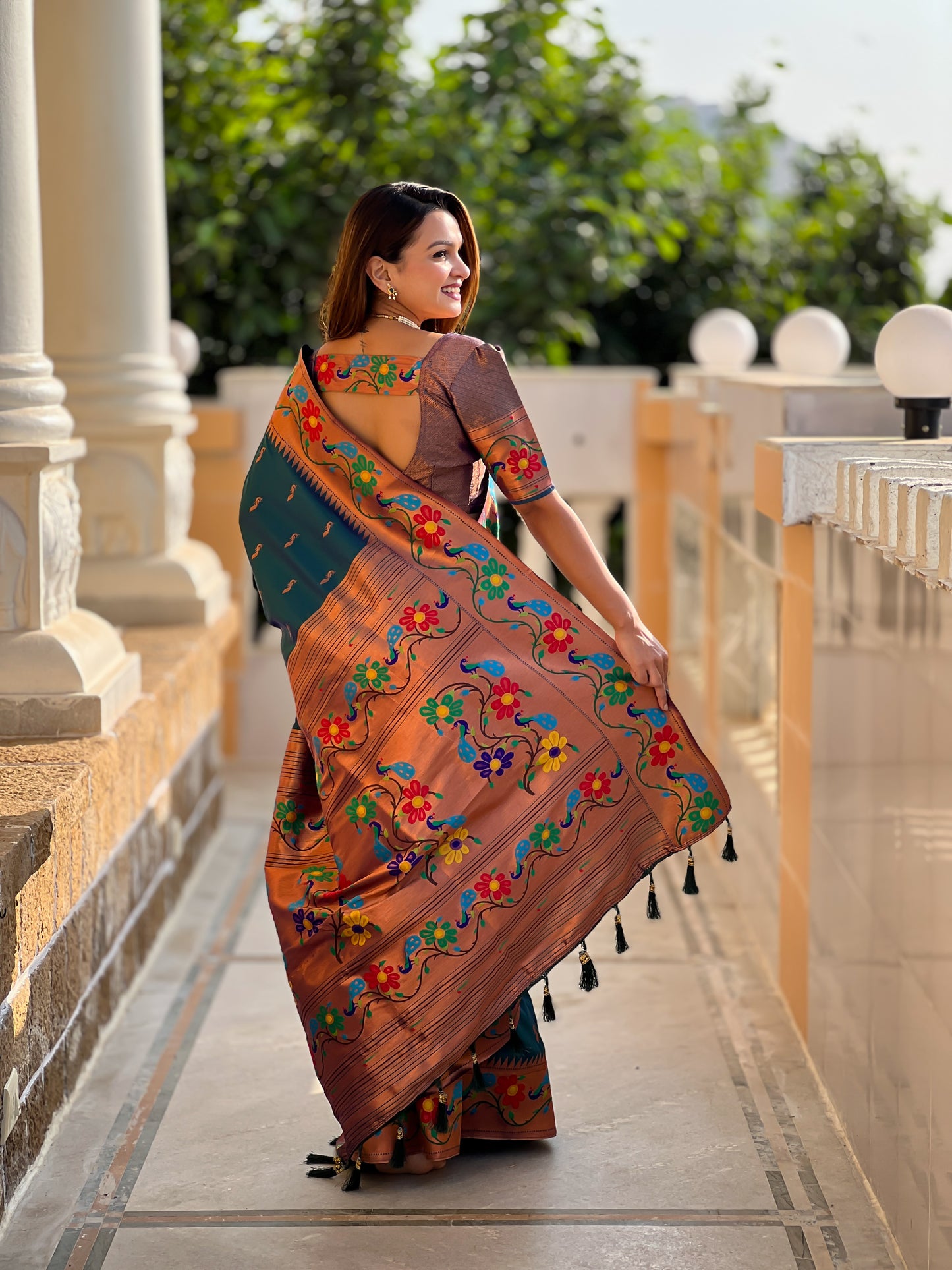 Morpeach Copper Zari Peacock Butta Soft Silk Saree