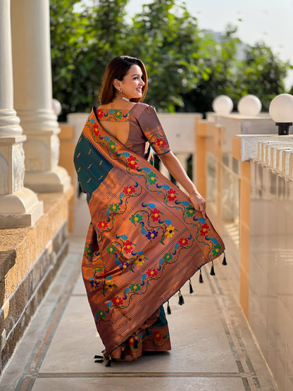 Morpeach Copper Zari Peacock Butta Soft Silk Saree