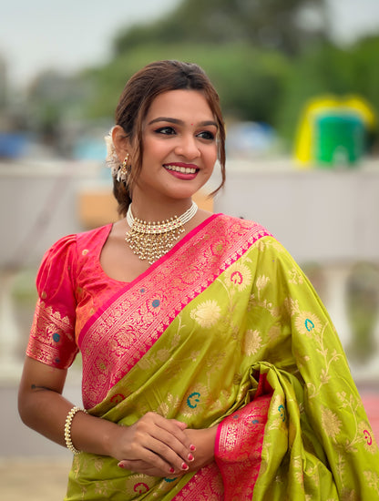 Lime Green & Pink Banarasi Silk Saree with Zari Weaving