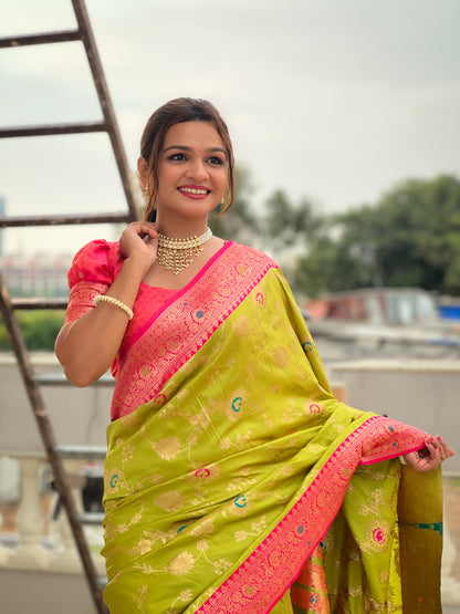 Lime Green & Pink Banarasi Silk Saree with Zari Weaving