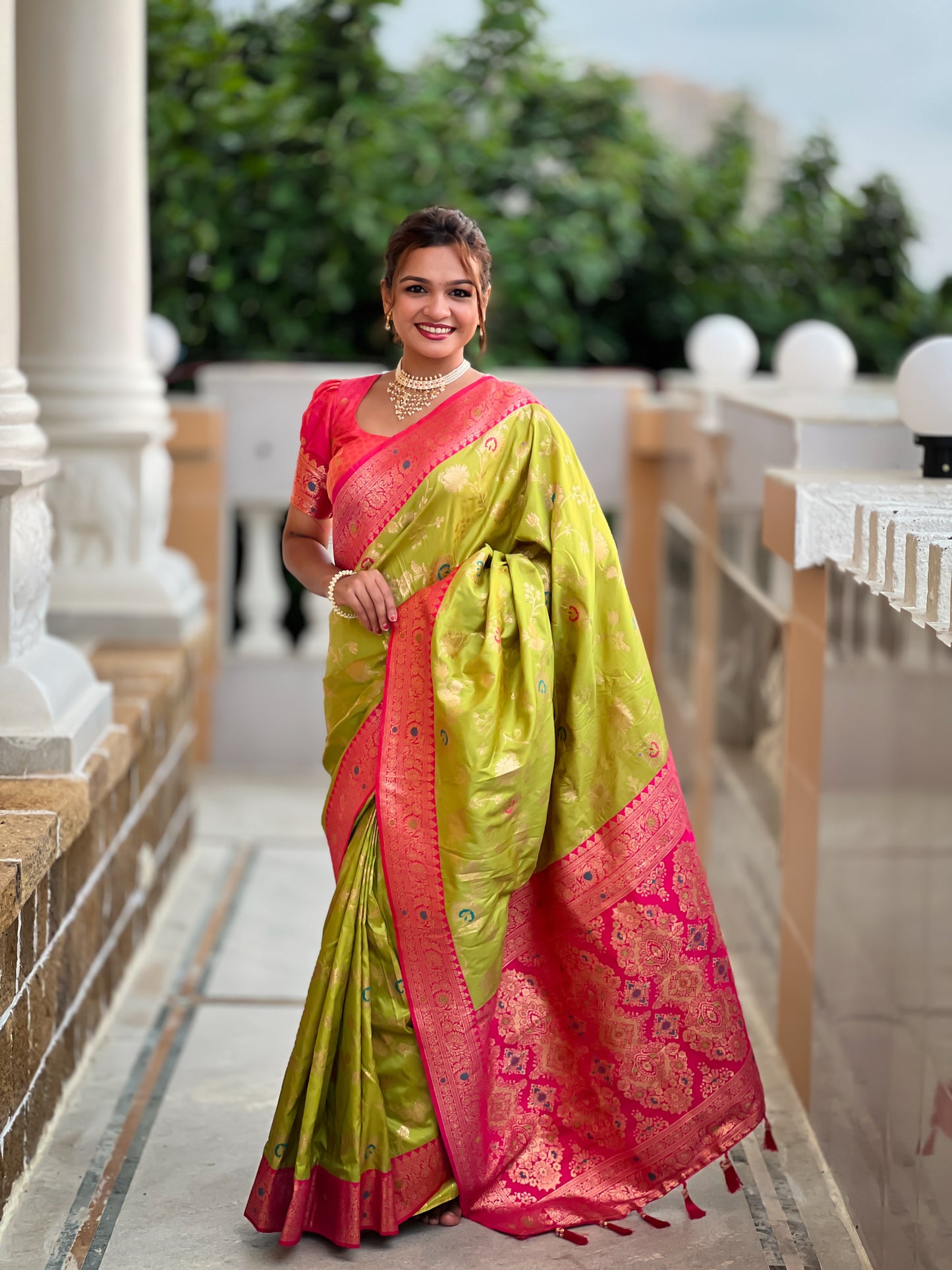 Lime Green & Pink Banarasi Silk Saree with Zari Weaving