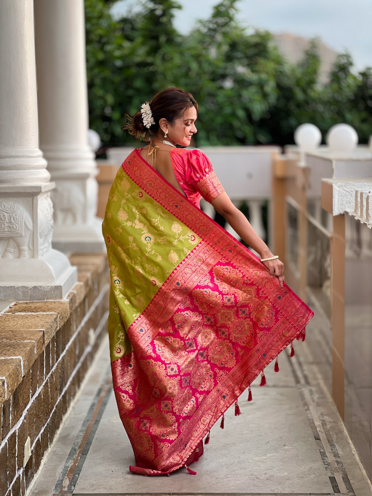 Lime Green & Pink Banarasi Silk Saree with Zari Weaving