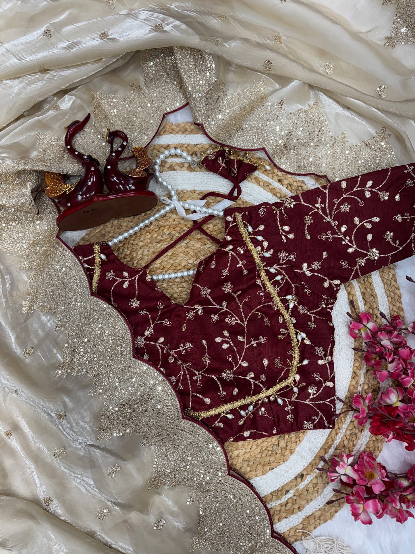 Luxurious Cream Gold Embroidery Sequence work Partywear Saree with Stitched Blouse