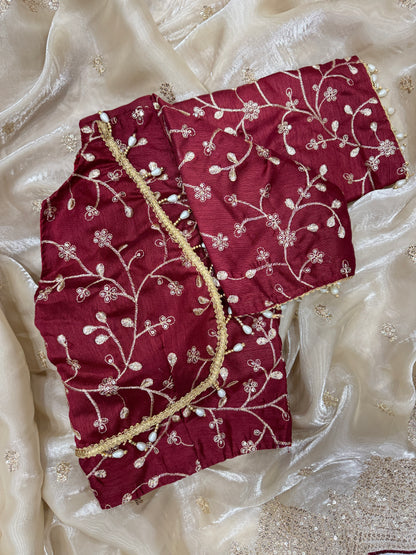 Luxurious Cream Gold Embroidery Sequence work Partywear Saree with Stitched Blouse