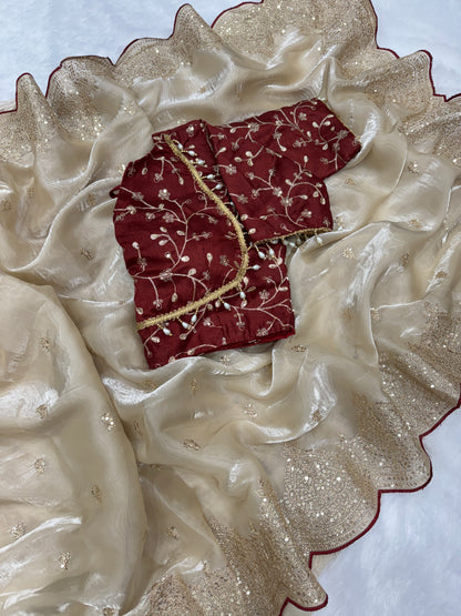 Luxurious Cream Gold Embroidery Sequence work Partywear Saree with Stitched Blouse