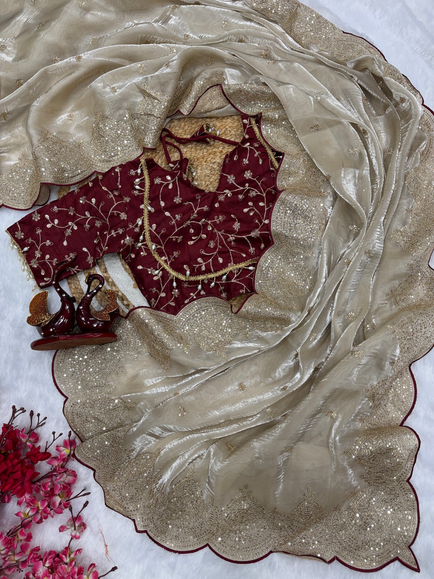 Luxurious Cream Gold Embroidery Sequence work Partywear Saree with Stitched Blouse