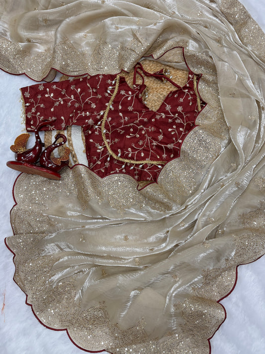 Luxurious Cream Gold Embroidery Sequence work Partywear Saree with Stitched Blouse