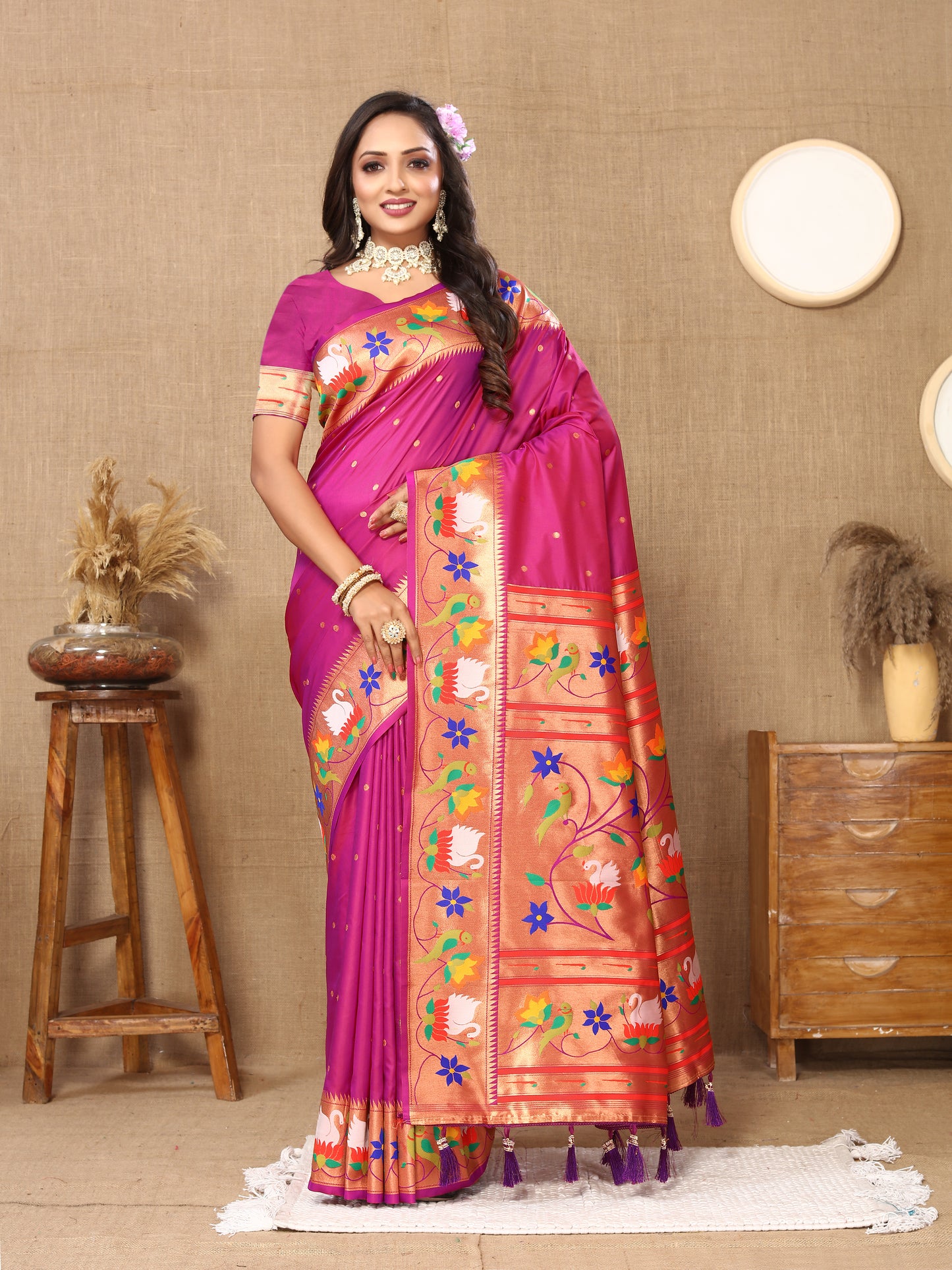 Magenta Yeola Style Rajhans Paithani Saree