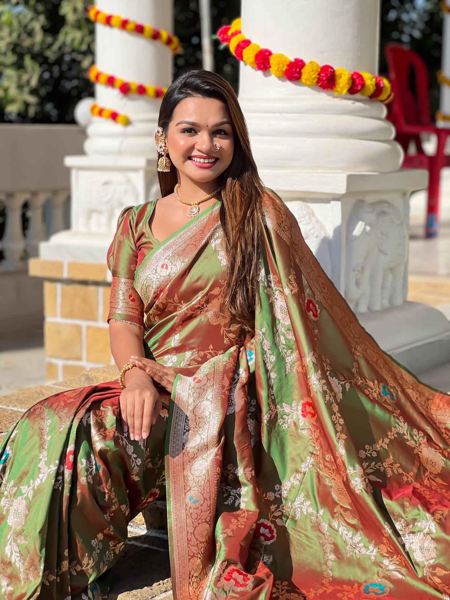 Mehendi Banarasi Silk Saree with Intricate Zari Work