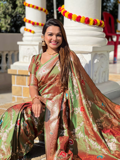 Mehendi Banarasi Silk Saree with Intricate Zari Work